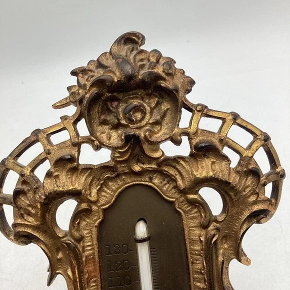 Antique Gilt Brass Cherub Desk Wall Thermometer Ornate Victorian - Picture 5 of 9